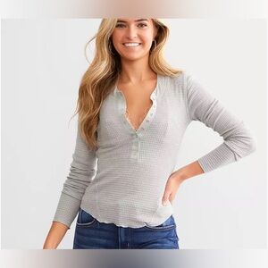 Free People Gray Long Sleeve Henley Top